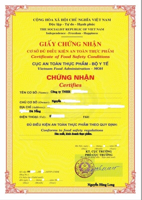 Giấy chứng nhận cơ sở đủ điều kiện an toàn thực phẩm