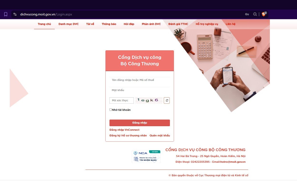 Đăng ký tài khoản dịch vụ công Bộ Công Thương
