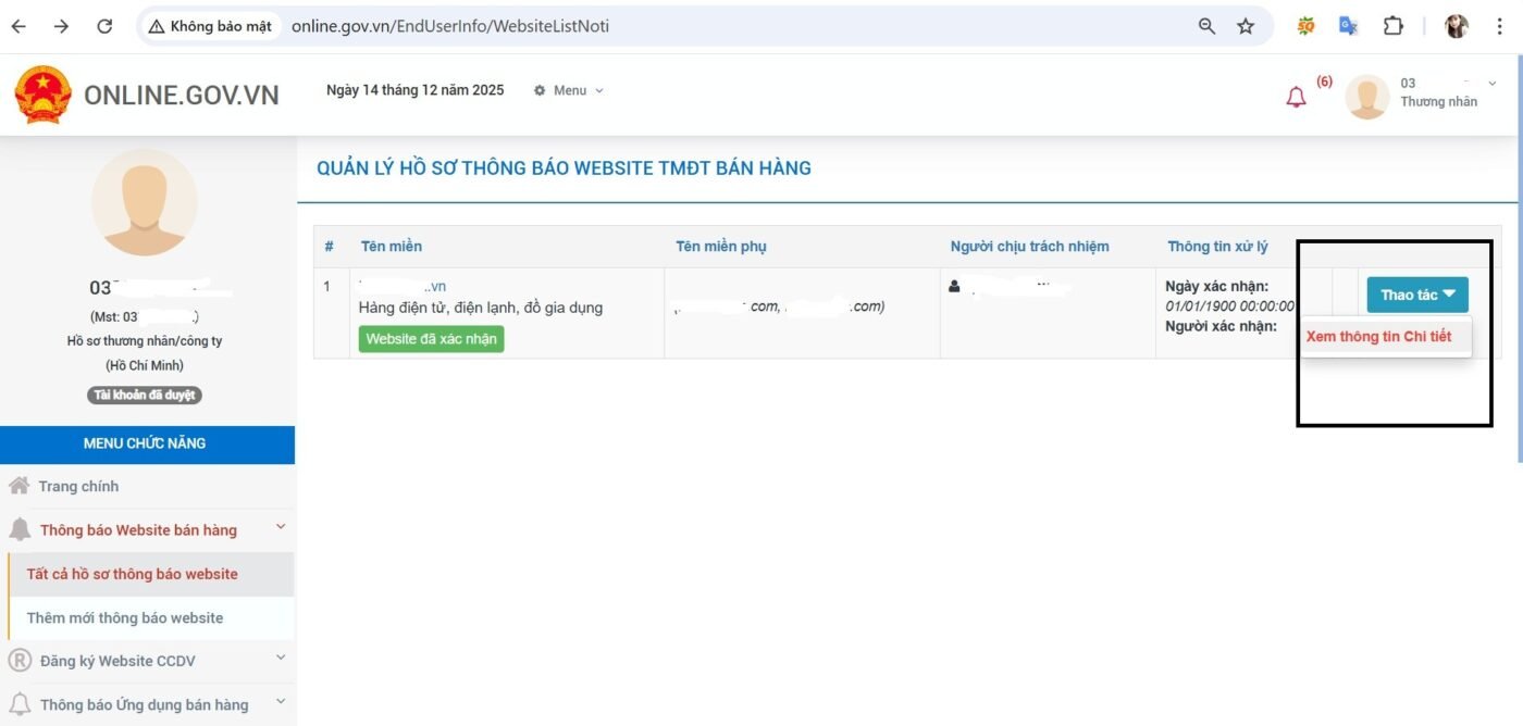 Xem thông tin chi tiết website TMĐT bán hàng