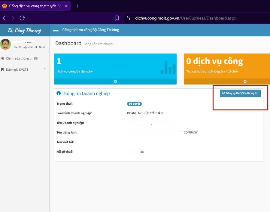 Đăng nhập cổng dịch vụ công BCT