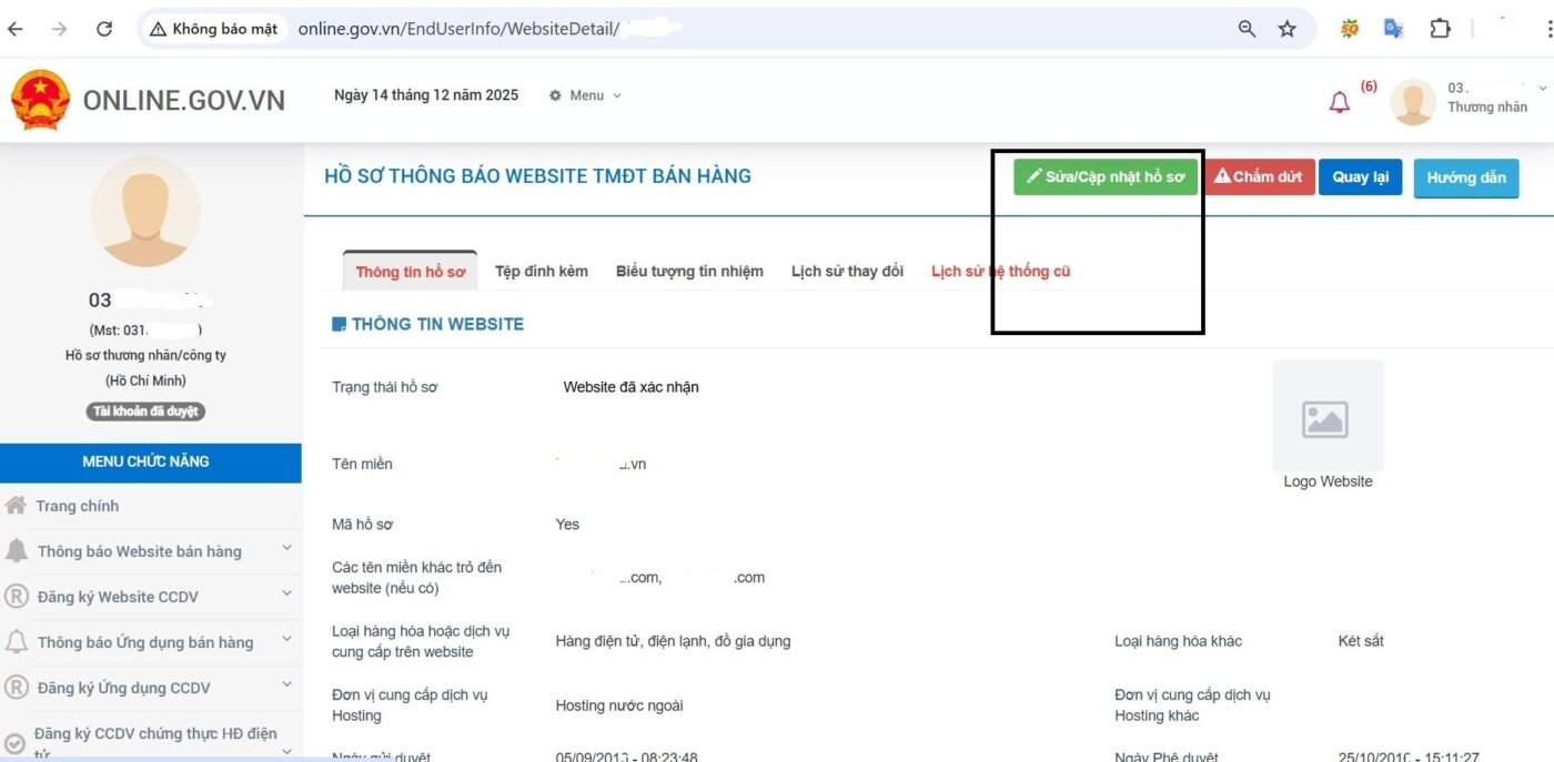Sửa/cập nhật hồ sơ website TMĐT bán hàng