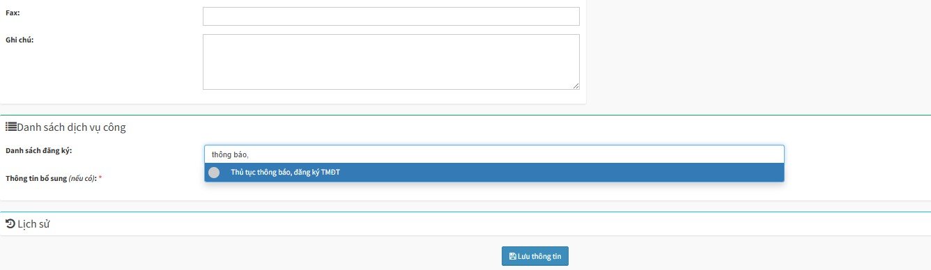 Đăng ký dịch vụ công thông báo website với BCT