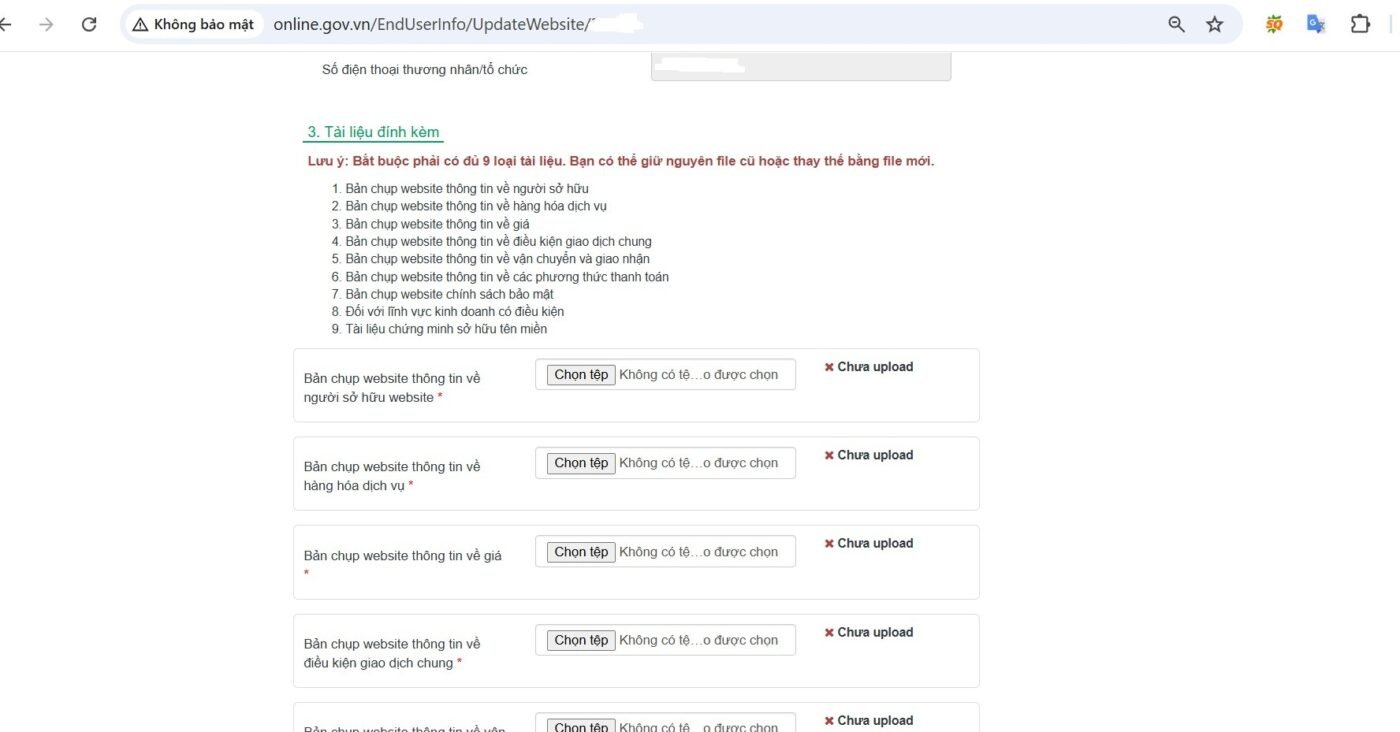 Upload 9 loại tài liệu bắt buộc vào hồ sơ thông báo website