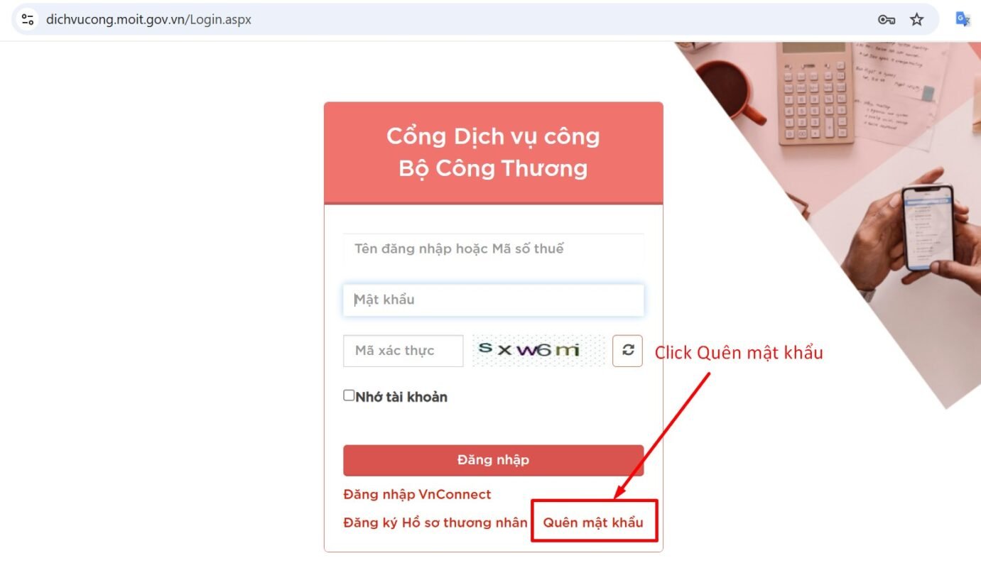 Click vào chức năng quên mật khẩu