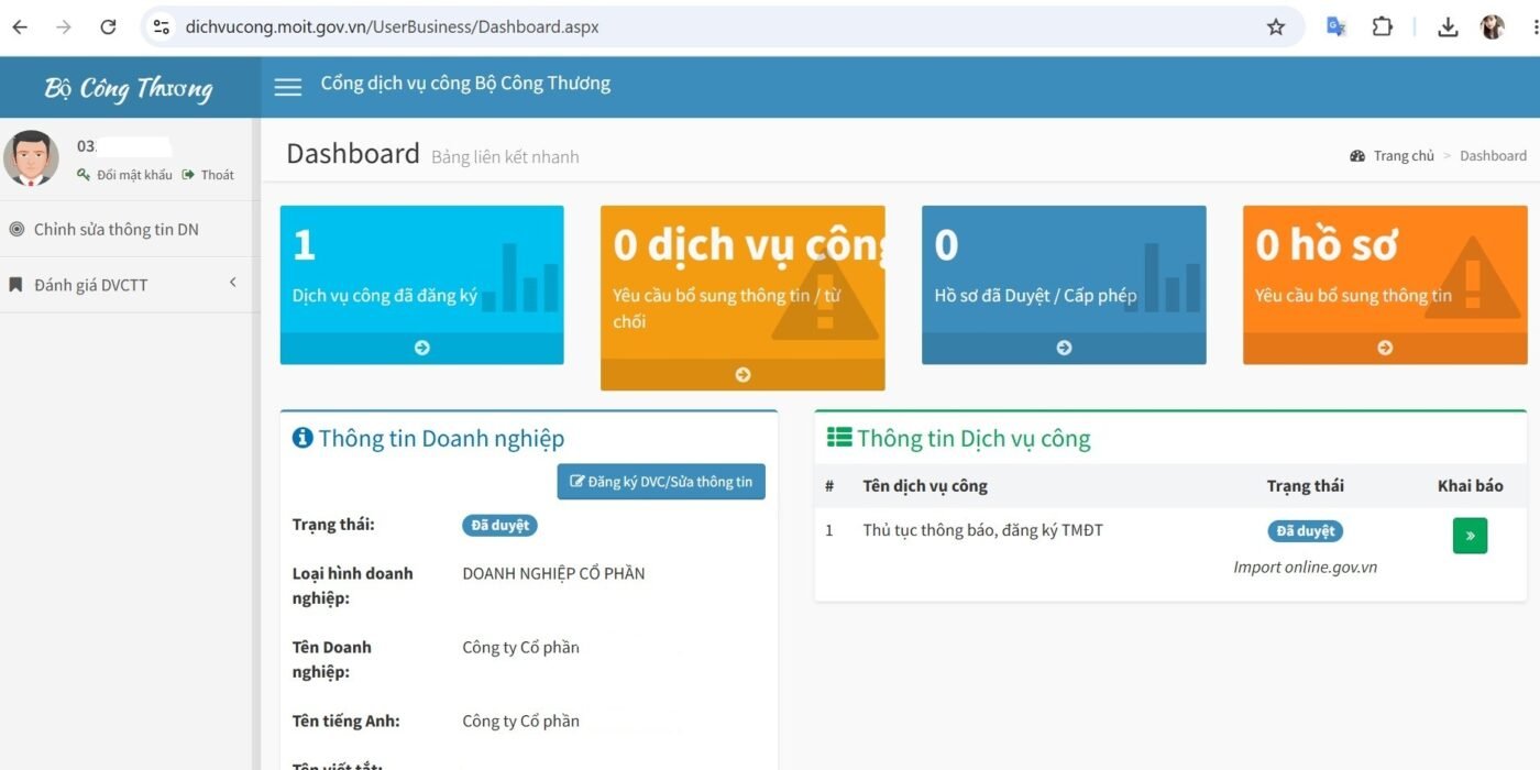 Cổng dịch vụ công Bộ Công Thương
