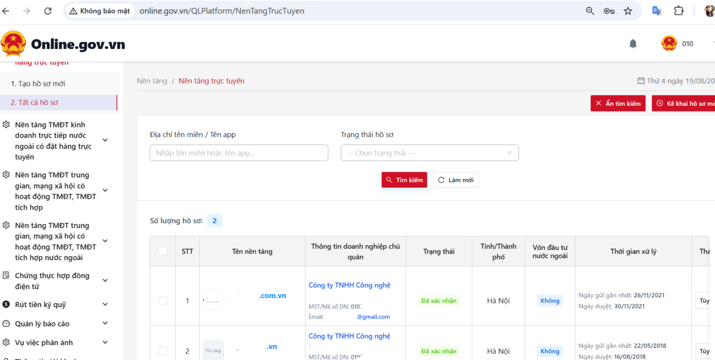 Dashboard tài khoản truy cập hệ thống hoạt động thương mại điện tử