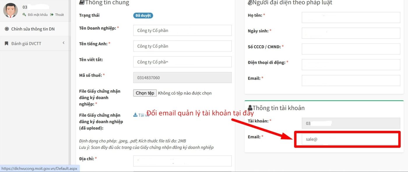 Thay đổi email quản lý tài khoản doanh nghiệp