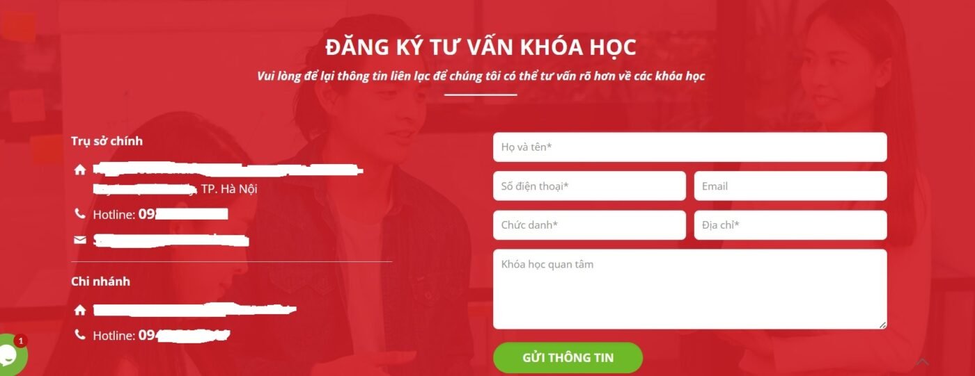 Giao diện nhập thông tin đăng ký khóa học