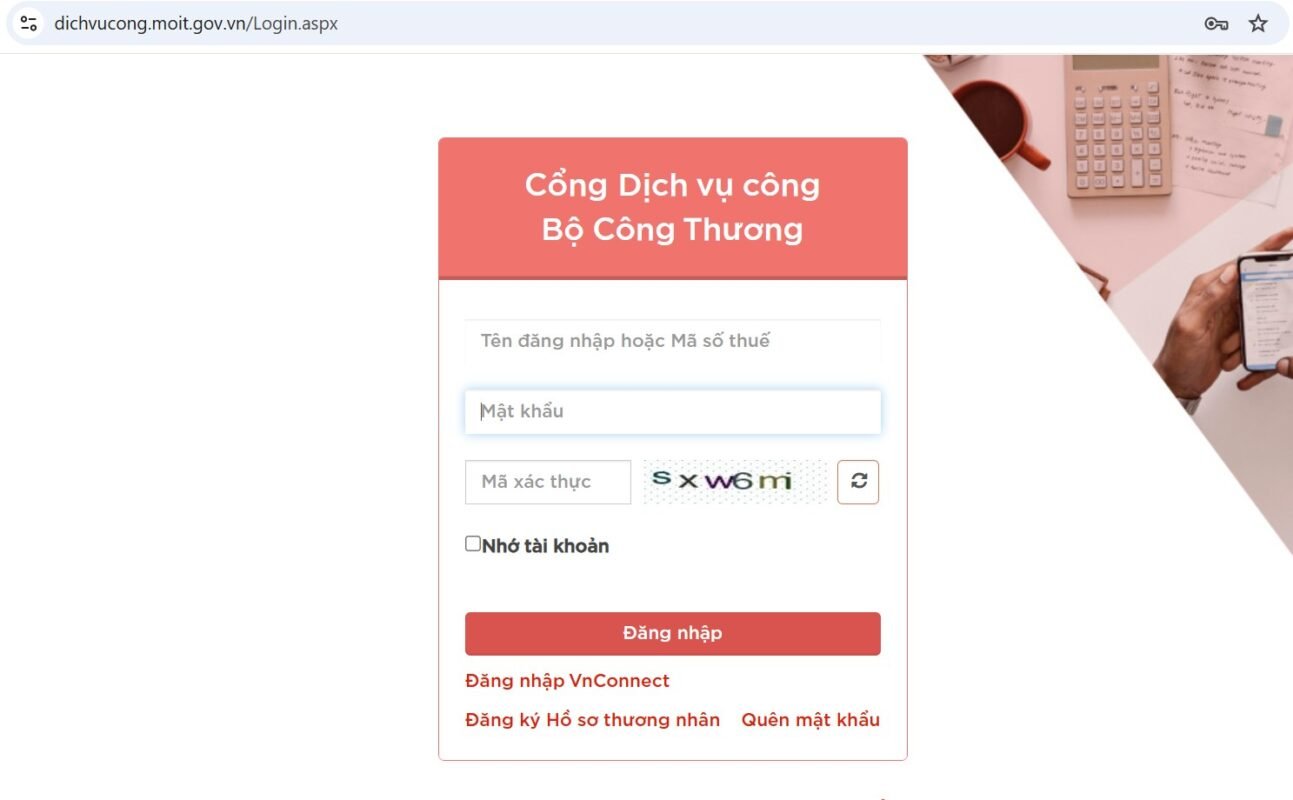 Trang đăng nhập Cổng Dịch vụ công Bộ Công Thương