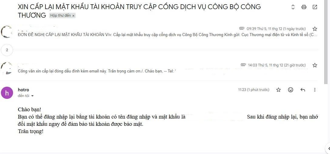 Thư từ hệ thống Cổng dịch vụ Công đề nghị khôi phục mật khẩu từ email hoặc làm Công văn đề nghị