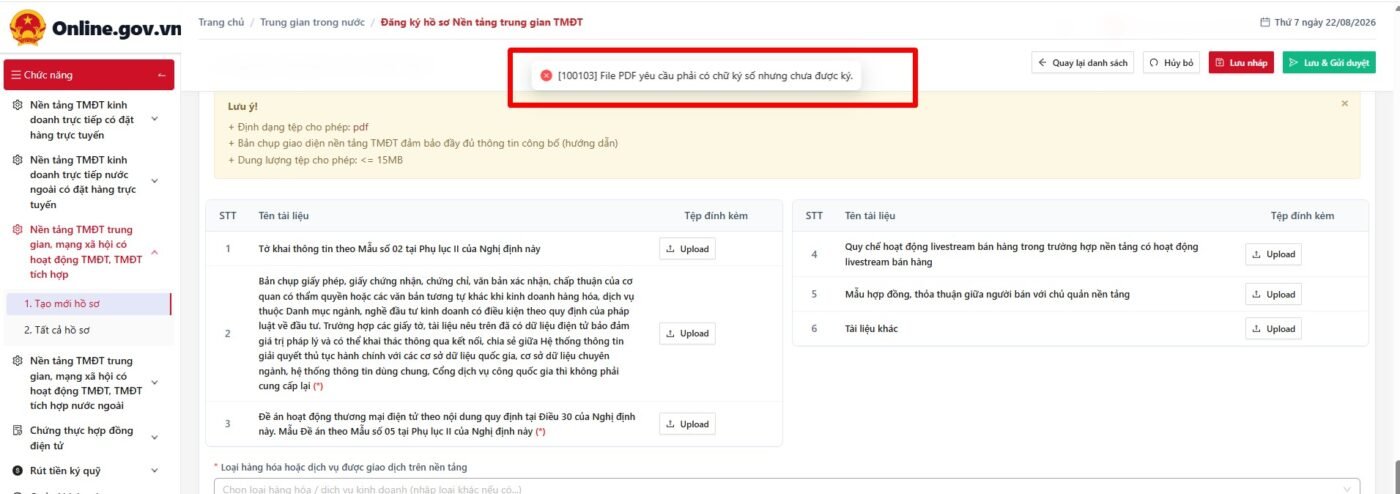 Lỗi [100103]: File PDF yêu cầu phải có chữ ký số nhưng chưa được ký