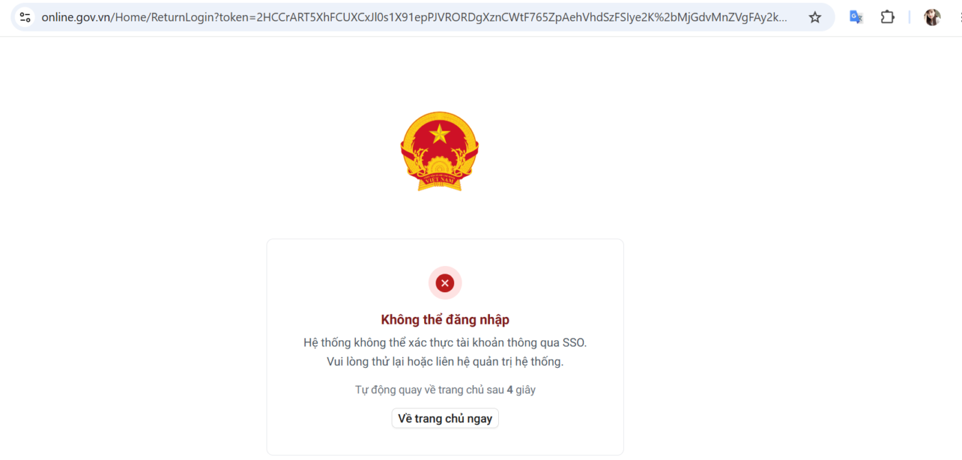 Hệ thống không thể xác thực tài khoản thông qua SSO. Vui lòng thử lại hoặc liên hệ quản trị hệ thống