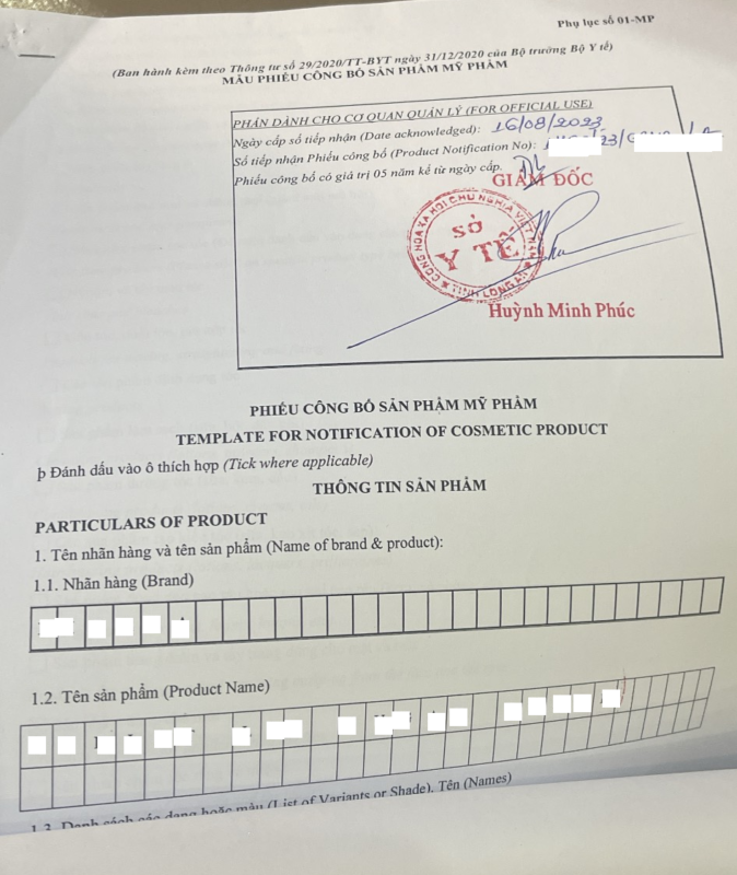 Phiếu công bố sản phẩm mỹ phẩm