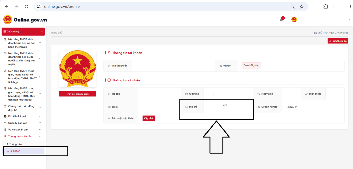 Sửa đổi thông tin doanh nghiệp tại tài khoản Online.gov.vn