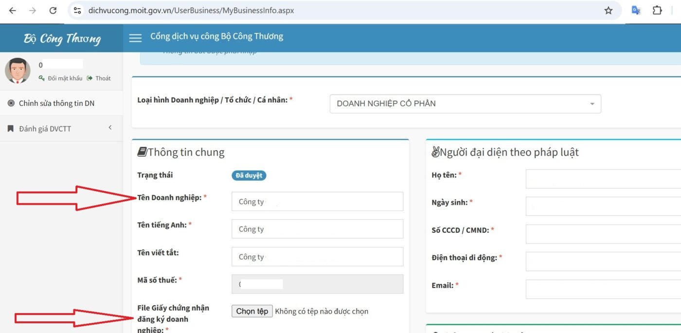 Chỉnh sửa tên Công ty tại Cổng dịch vụ Công Bộ Công Thương