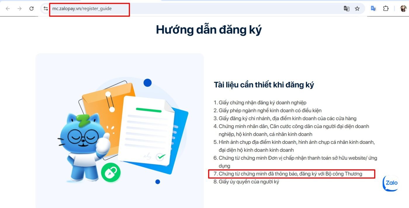 ZaloPay yêu cầu Chứng từ chứng minh đã thông báo, đăng ký với Bộ công Thương.