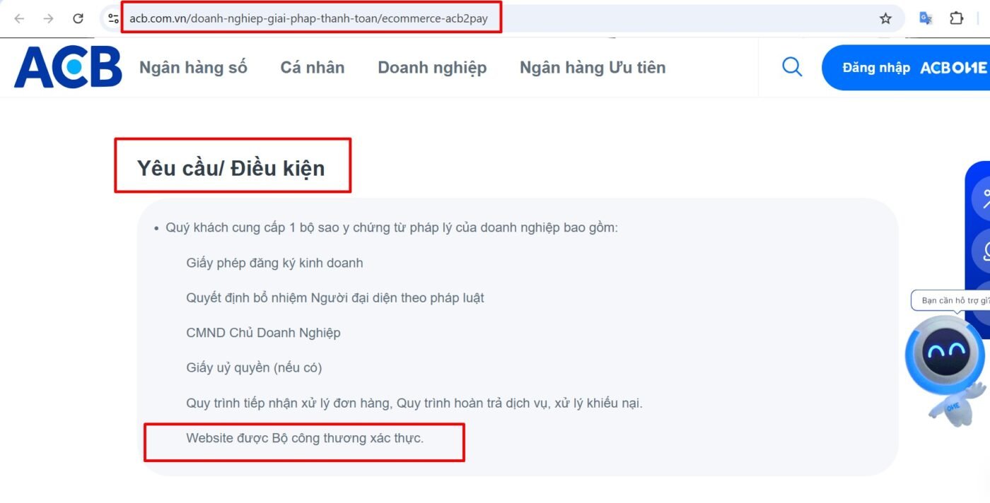 ACB yêu cầu điều kiện Website được Bộ công thương xác thực.
