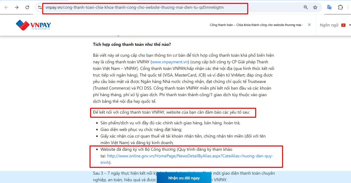 VNPAY yêu cầu Website đã đăng ký với Bộ Công thương.