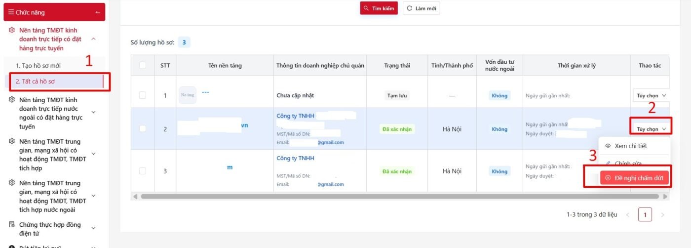 Vào “Tất cả hồ sơ” để tìm website cần đề nghị chấm dứt.