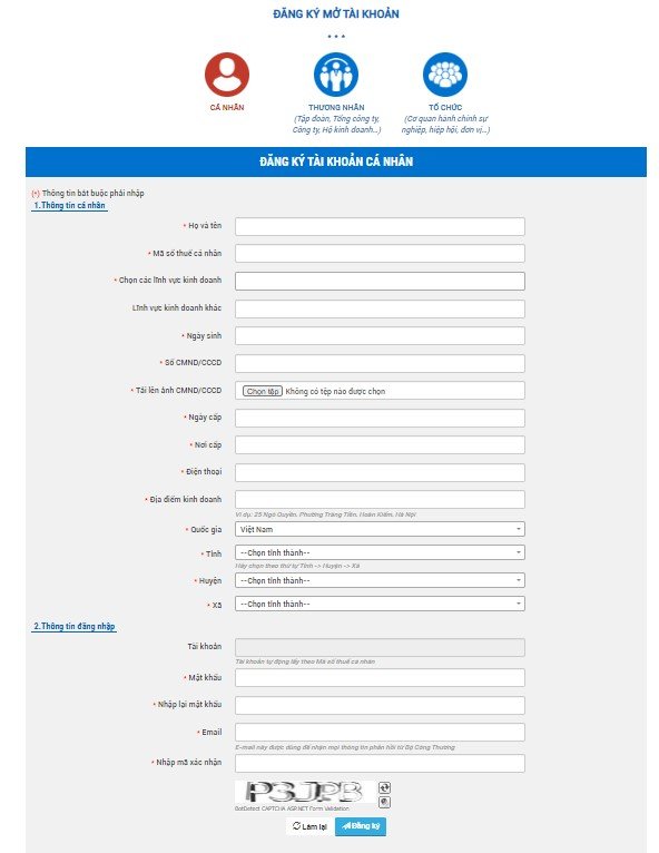 Thông tin đăng ký tài khoản cá nhân website với BCT