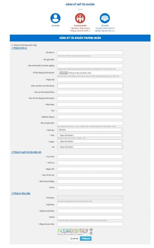 Thông tin đăng ký tài khoản thương nhân website với BCT