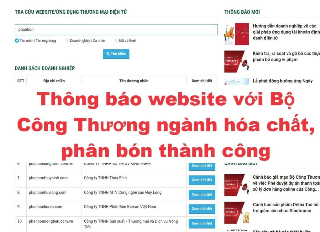 Thông báo website với Bộ Công Thương ngành hóa chất, phân bón thành công