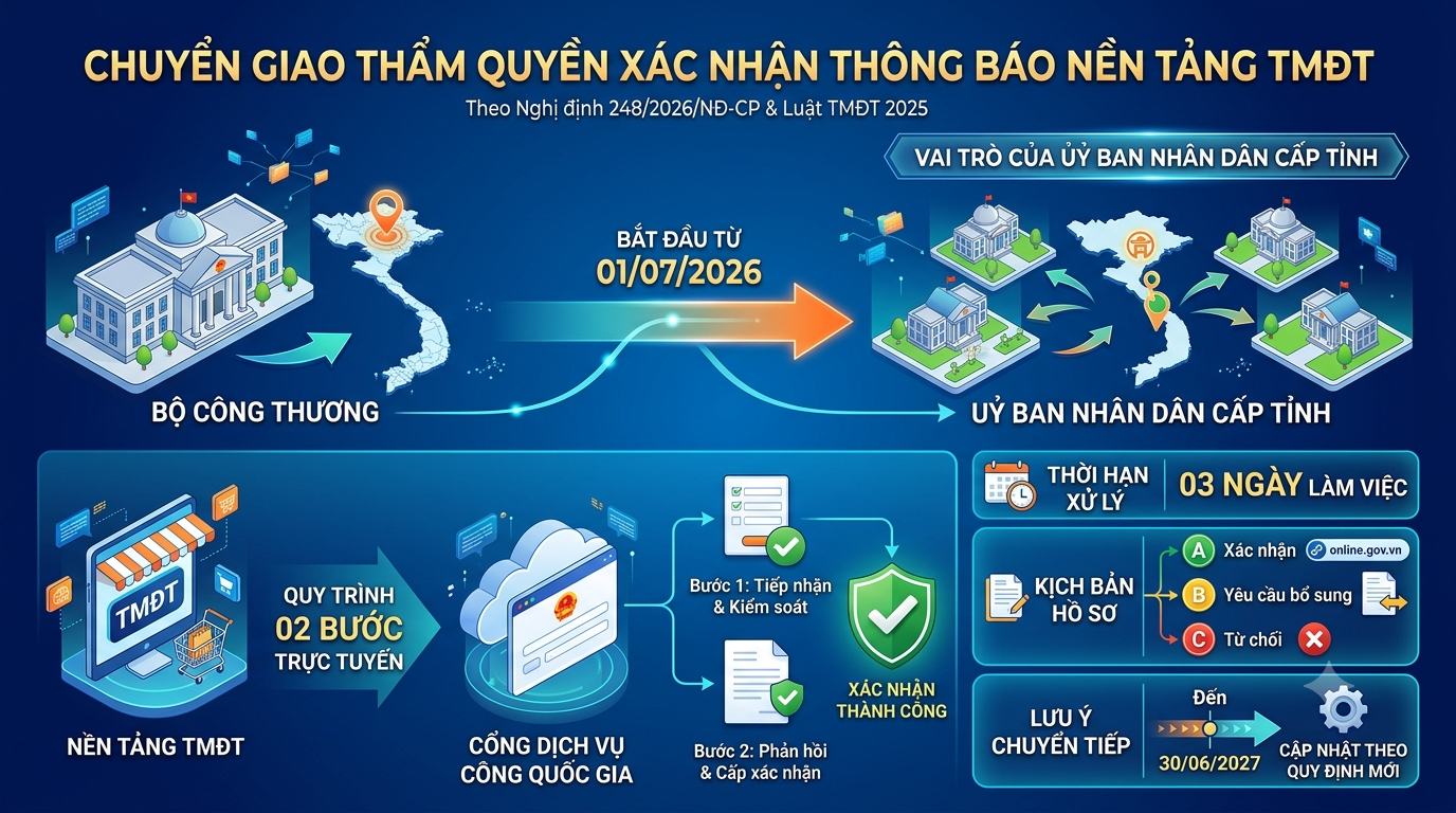 Ủy ban nhân dân cấp tỉnh thực hiện xác nhận thông báo nền tảng TMĐT