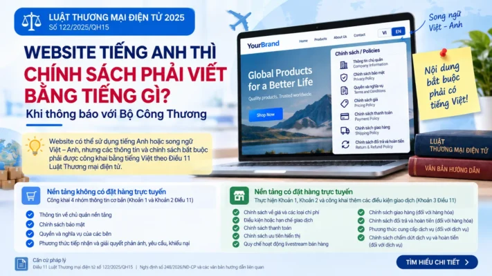 Website tiếng Anh phải công khai các thông tin và chính sách bắt buộc bằng tiếng Việt theo Điều 11 Luật Thương mại điện tử.